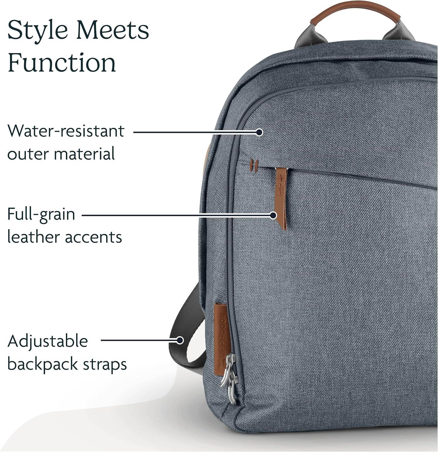 imageUPPAbaby Changing Backpack Multiple Storage Compartments Side Bottle Laptop Pockets Trolley Sleeve Stroller Strap Attachment Greyson Charcoal Mlange Saddle LeatherSavannah Pearl Gray Jacquard Chestnut Leather