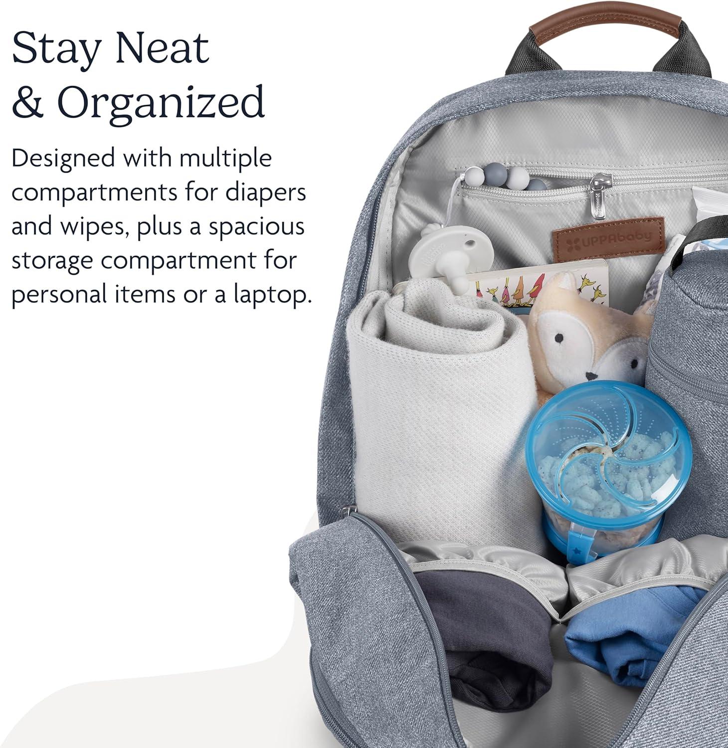 imageUPPAbaby Changing Backpack Multiple Storage Compartments Side Bottle Laptop Pockets Trolley Sleeve Stroller Strap Attachment Greyson Charcoal Mlange Saddle LeatherSavannah Pearl Gray Jacquard Chestnut Leather