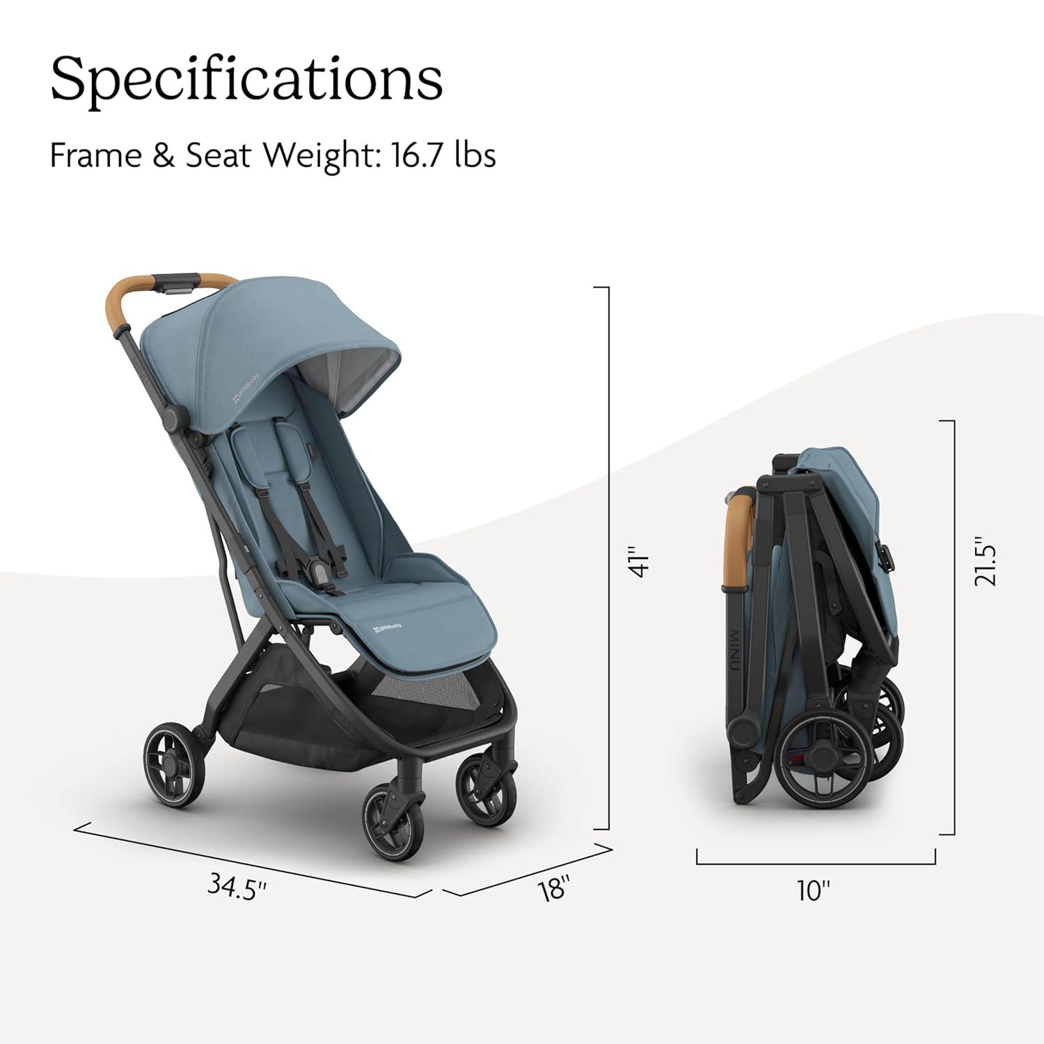 imageUPPAbaby Minu V3 Travel Stroller Lightweight Compact Design OneHand Fold Unfold from Birth Overhead Compatible Dillan Stone BlueCarbon FrameSand LeatherDillan