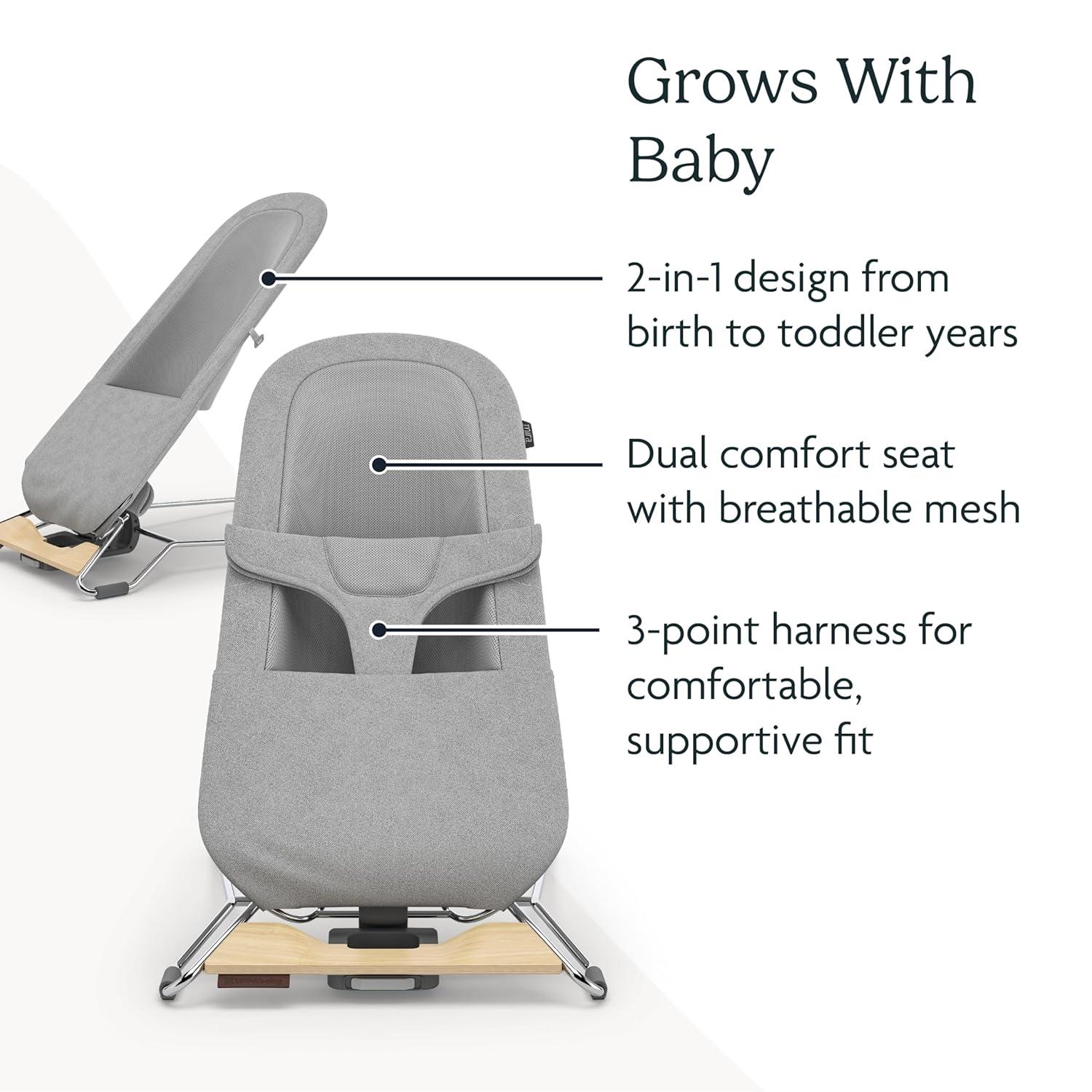 imageUPPAbaby Mira BouncerPortable 2in1 Bouncer Seat Grows With Your BabyGREENGuard Gold JPMA FSC certifiedCozy Seat Liner Storage Bag IncludedCharlie Sand MlangeBlack ChromeWalnut WoodStella