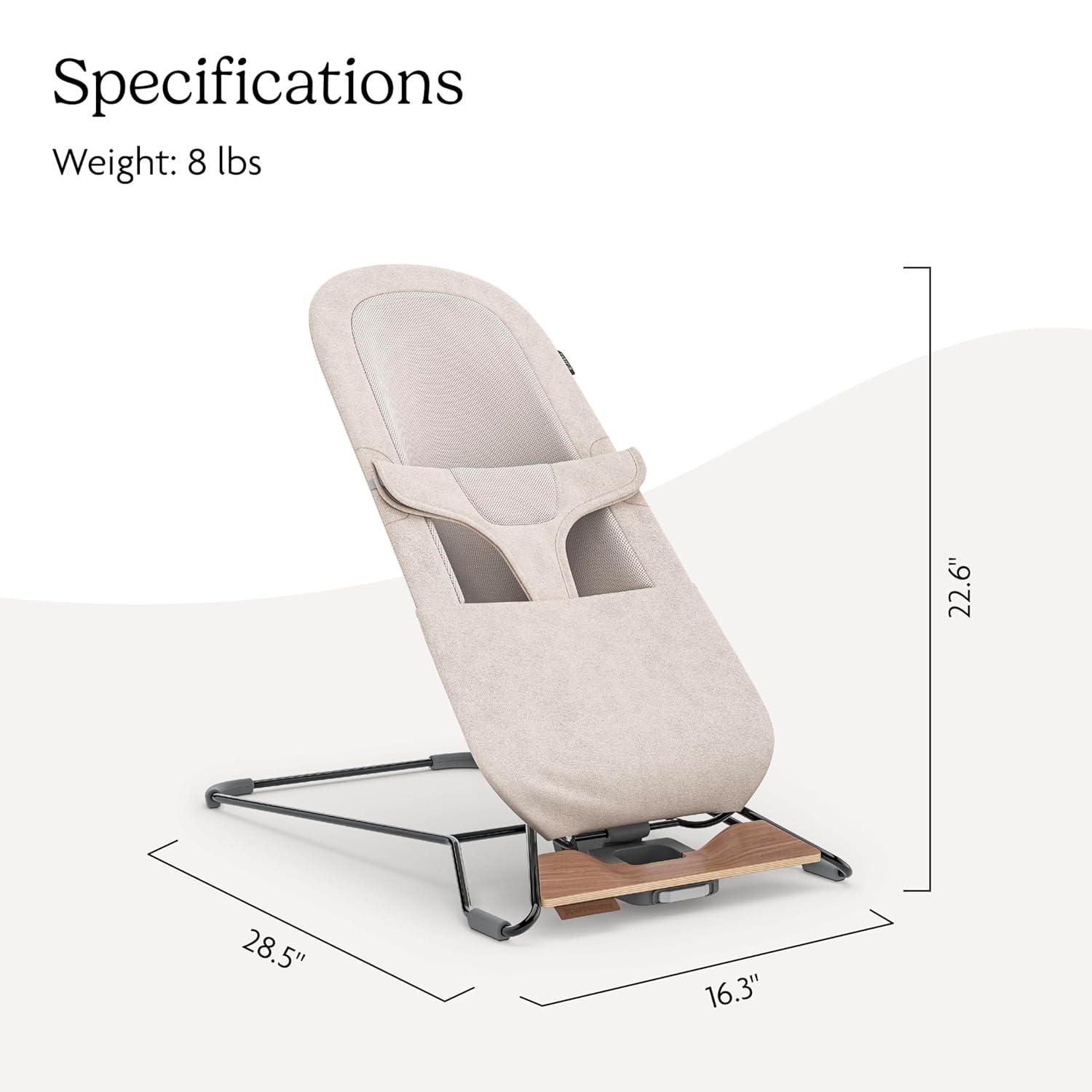 imageUPPAbaby Mira BouncerPortable 2in1 Bouncer Seat Grows With Your BabyGREENGuard Gold JPMA FSC certifiedCozy Seat Liner Storage Bag IncludedCharlie Sand MlangeBlack ChromeWalnut WoodCharlie