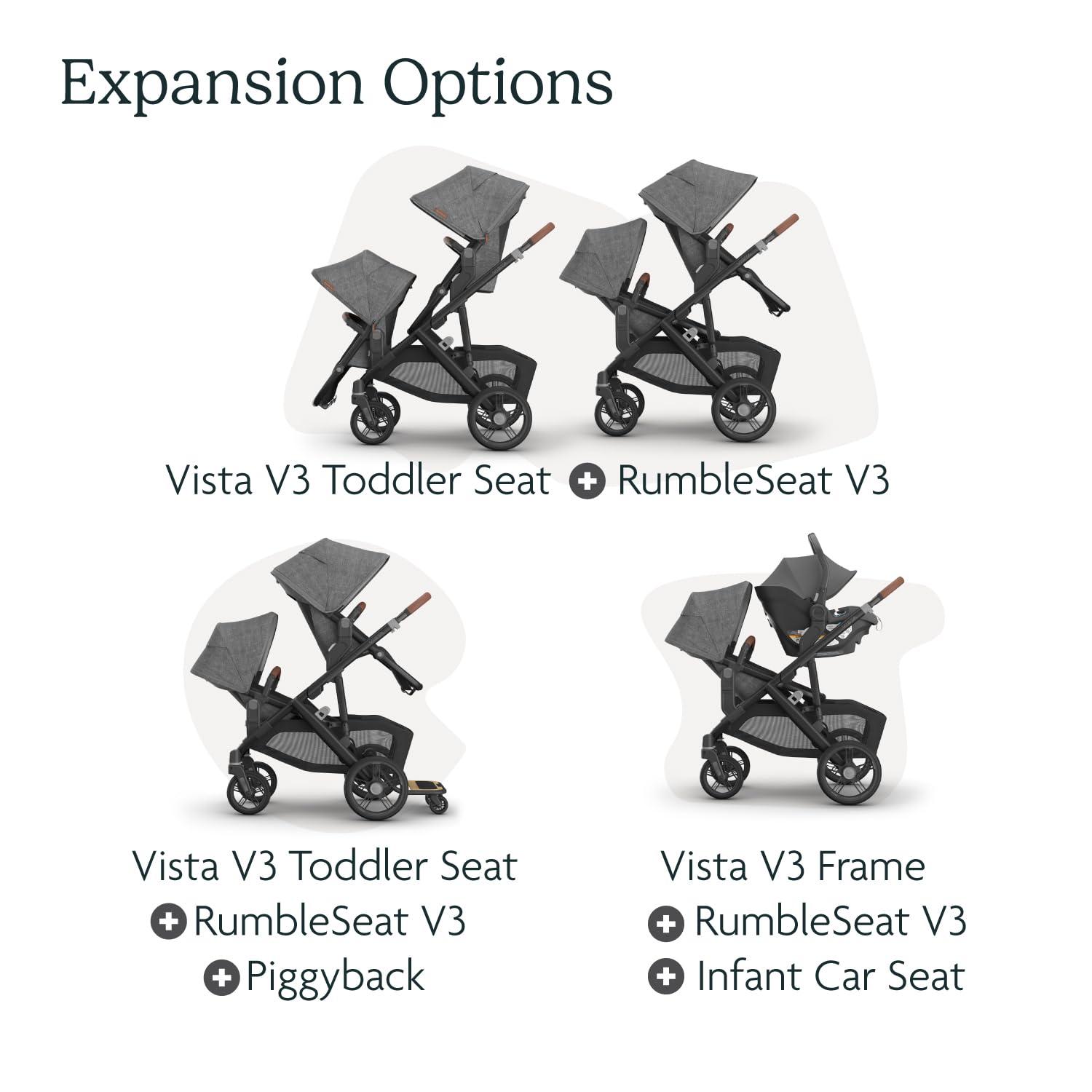 imageUPPAbaby RumbleSeat V3 Second Lower Seat Compatible with Vista V2 and Vista V3 AllWeather Seat Magnetic Buckle Adapters Included Evelyn Meadow GreenNoa NavyCarbon FrameSaddle Leather