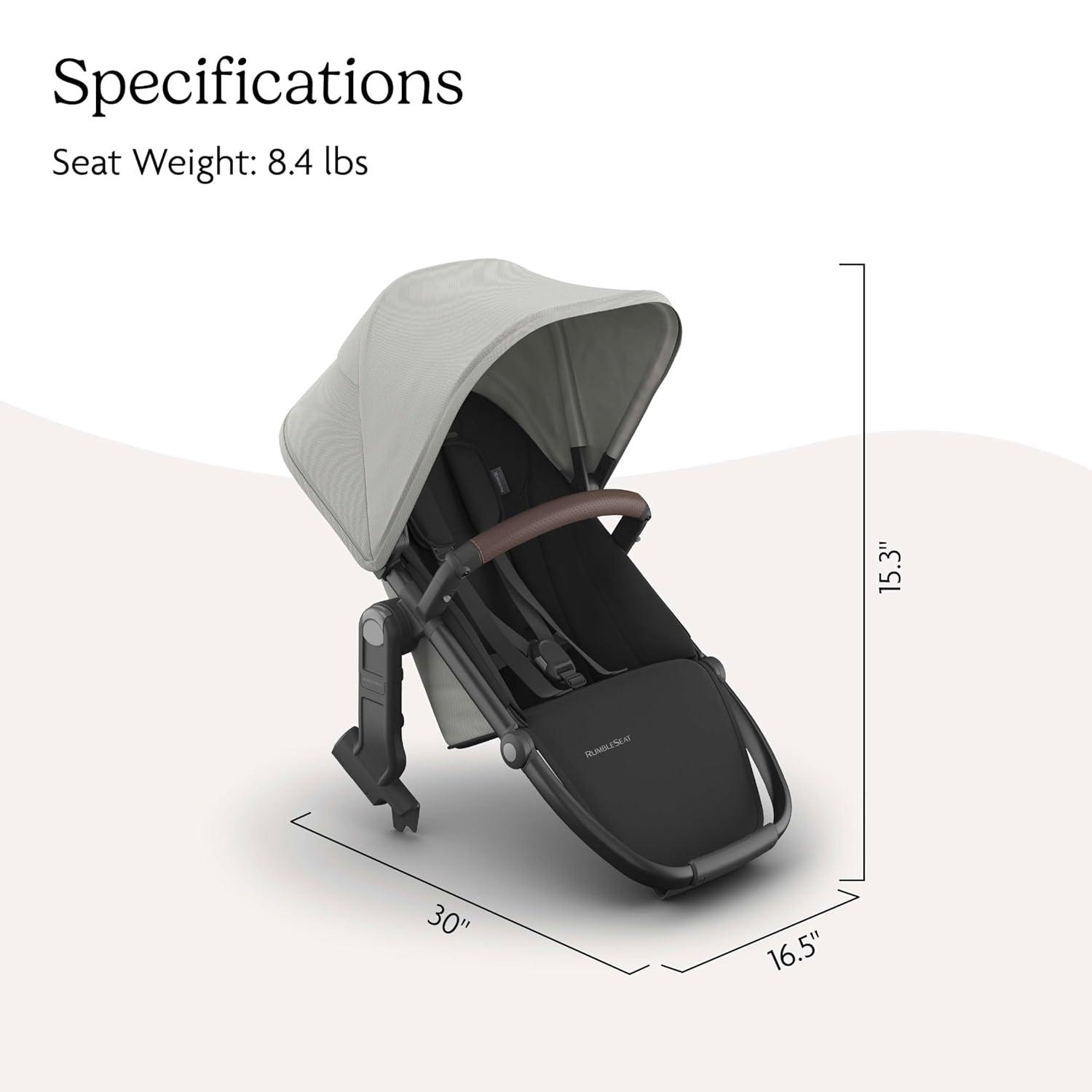 imageUPPAbaby RumbleSeat V3 Second Lower Seat Compatible with Vista V2 and Vista V3 AllWeather Seat Magnetic Buckle Adapters Included Evelyn Meadow GreenSavannah Pearl Gray JacquardCarbon FrameChestnut Leather
