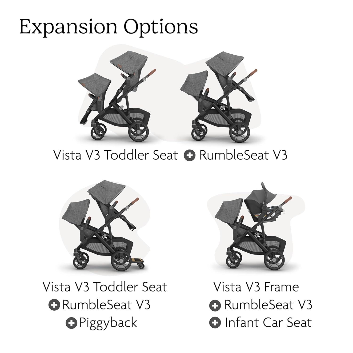 imageUPPAbaby RumbleSeat V3 Second Lower Seat Compatible with Vista V2 and Vista V3 AllWeather Seat Magnetic Buckle Adapters Included Evelyn Meadow GreenOwen Mocha MelangeCarbon FrameChestnut Leather