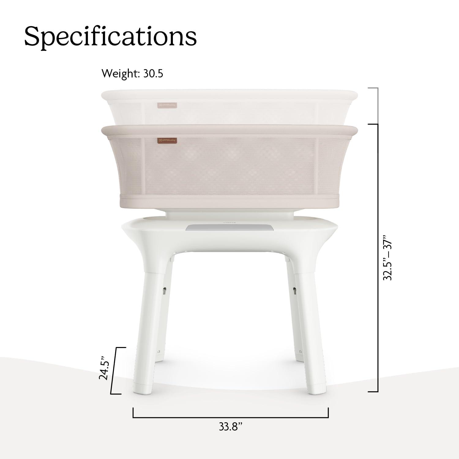 imageUPPAbaby Soma Smart Bassinet 5 motions 5 speeds 4 Sounds with MotionSync Technology Height Adjustable Included Mattress Sheet Storage Basket Charlie Sand Mlange