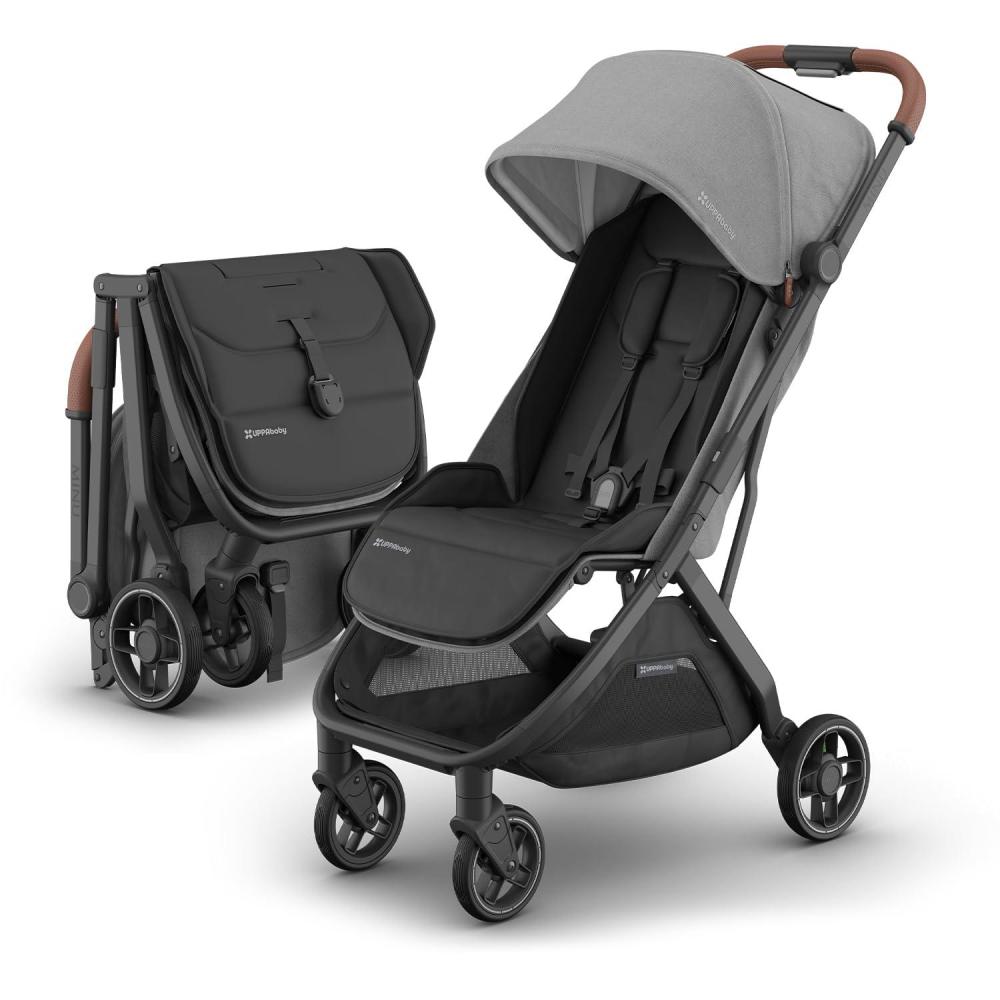 imageUPPAbaby Minu V3 Travel Stroller Lightweight Compact Design OneHand Fold Unfold from Birth Overhead Compatible Dillan Stone BlueCarbon FrameSand LeatherGreyson