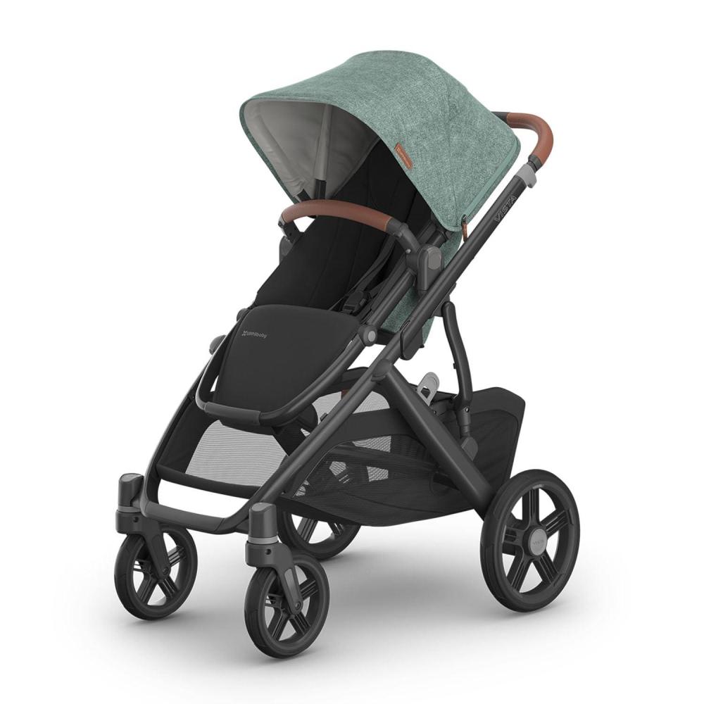 imageUPPAbaby Vista V3 Stroller  FullSize SingletoDouble Stroller System  Toddler Seat Bug Shield Rain Shield and Storage Bag Included  Gwen Green MlangeCarbon FrameSaddle LeatherGwen Green Mlange