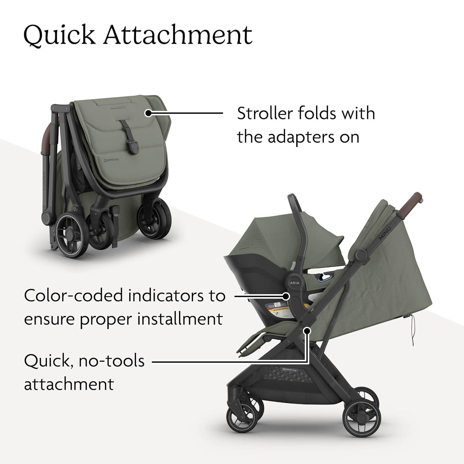 imageUPPAbaby Minu V3 Stroller Aria V2 Infant Car Seat Travel System Combo Adapter Foot Cover Bug and Rain Shields Car Seat Base and Infant Insert Included Evelyn Meadow Green