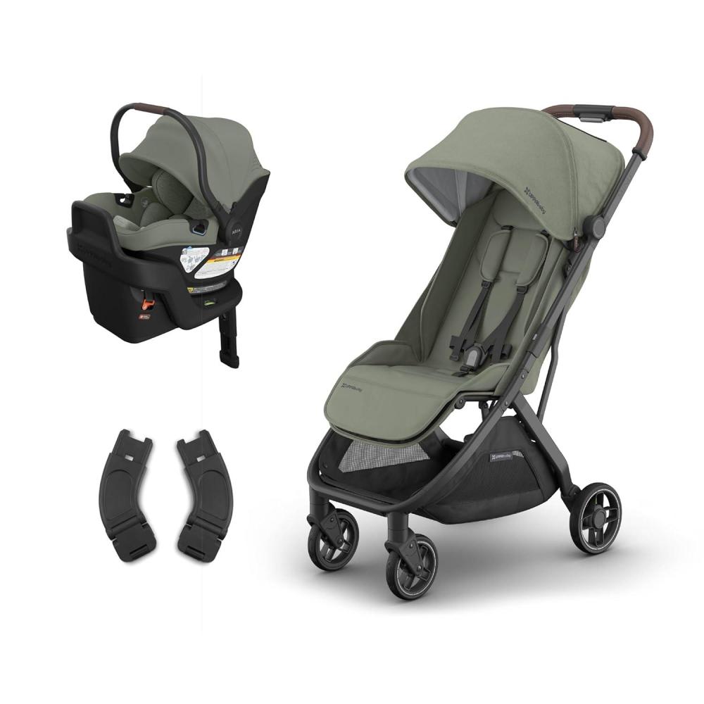 imageUPPAbaby Minu V3 Stroller Aria V2 Infant Car Seat Travel System Combo Adapter Foot Cover Bug and Rain Shields Car Seat Base and Infant Insert Included Evelyn Meadow Green