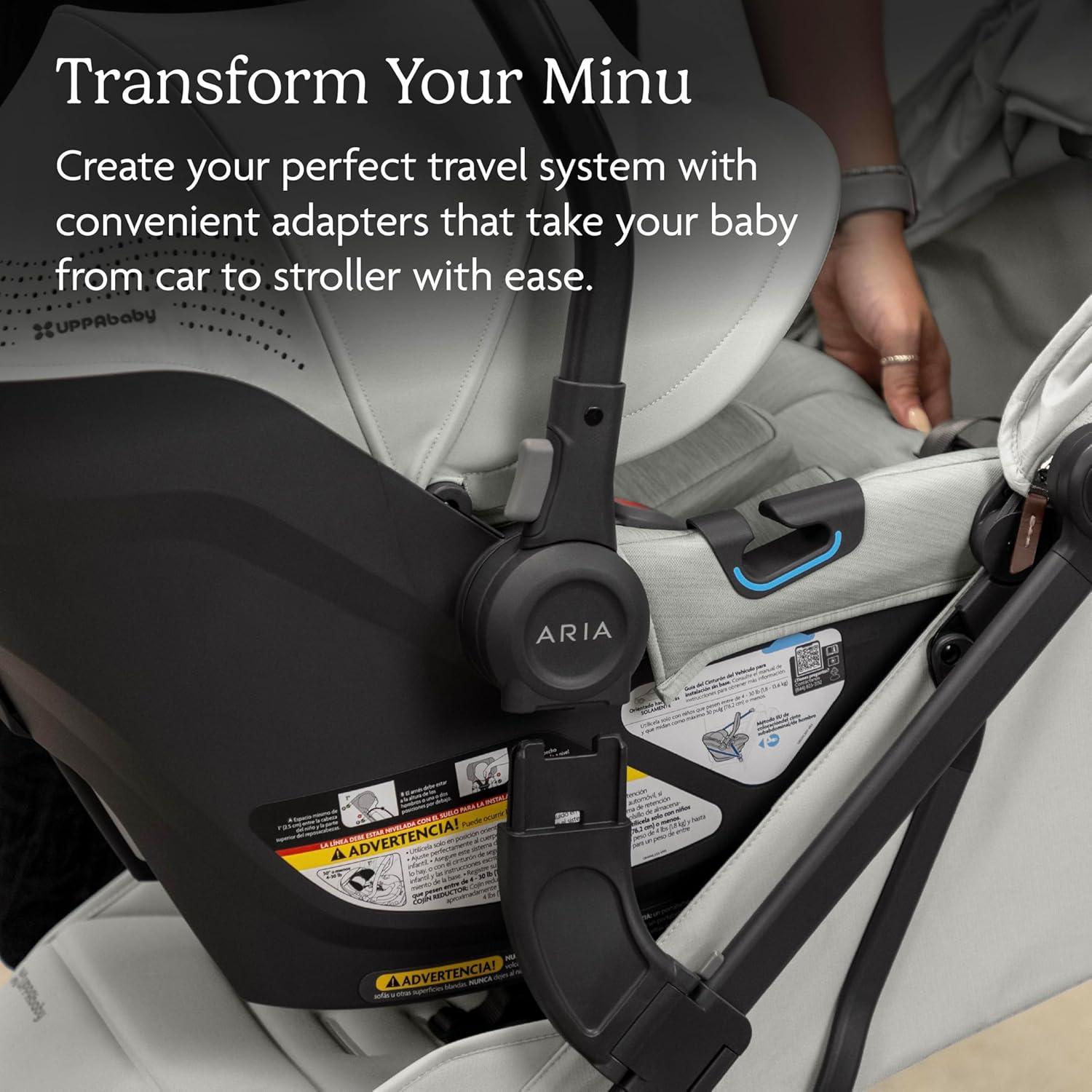 imageUPPAbaby Minu V3 Stroller Aria V2 Infant Car Seat Travel System Combo Adapter Foot Cover Bug and Rain Shields Car Seat Base and Infant Insert Included Greyson Charcoal Declan Oat