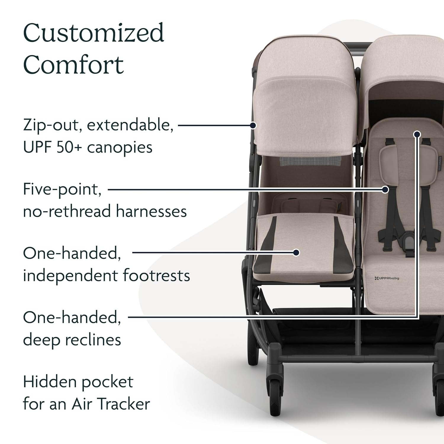 image:imageUPPAbaby Minu Duo SidebySide Double Stroller Lightweight Compact Design for Travel Easy Fold from Birth to Toddler Independent Recline James BlackCarbon FrameBlack LeatherAda Sandstone MelangeCarbon FrameChestnut Leather