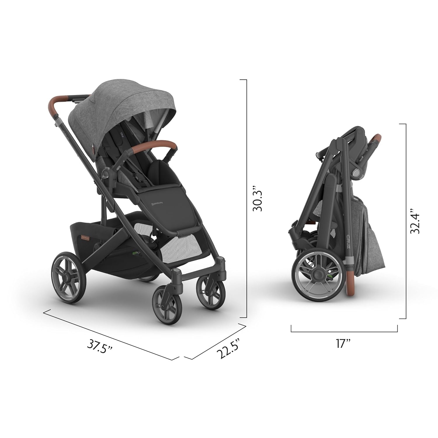 image:imageUPPAbaby Cruz V3 Stroller from Birth Car Seat Compatible FullSize Reversible Seat Infant Insert Bug and Rain Shields Included James BlackCarbon FrameBlack LeatherGreyson Charcoal Mlange