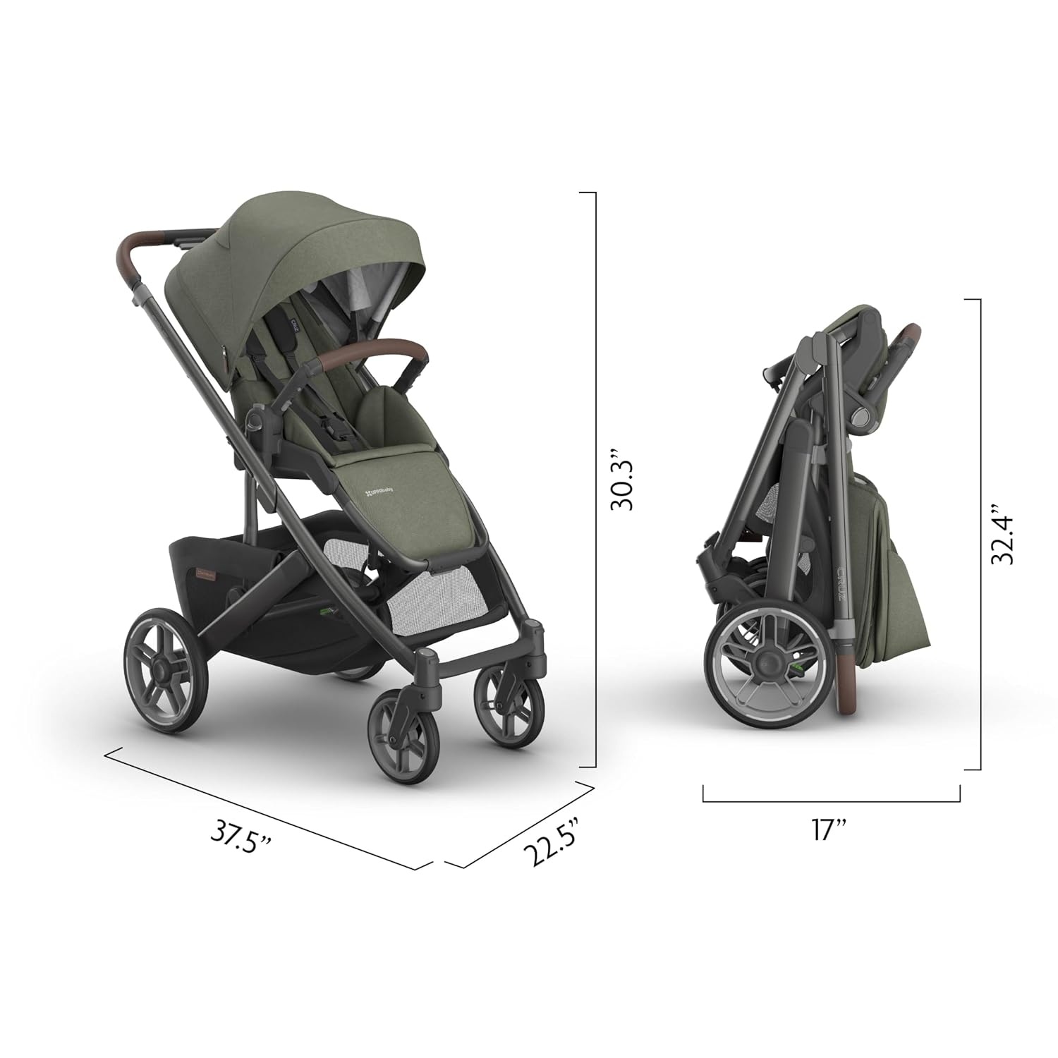image:imageUPPAbaby Cruz V3 Stroller from Birth Car Seat Compatible FullSize Reversible Seat Infant Insert Bug and Rain Shields Included James BlackCarbon FrameBlack LeatherEvelyn Meadow Green